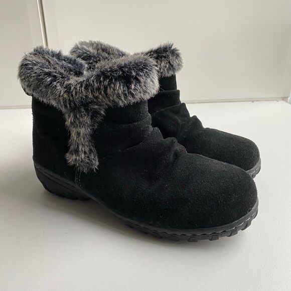 Khombu Womens Black Leather Faux Fur Ankle Boots Zip-up Winter‎ Size 6M - Picture 1 of 10